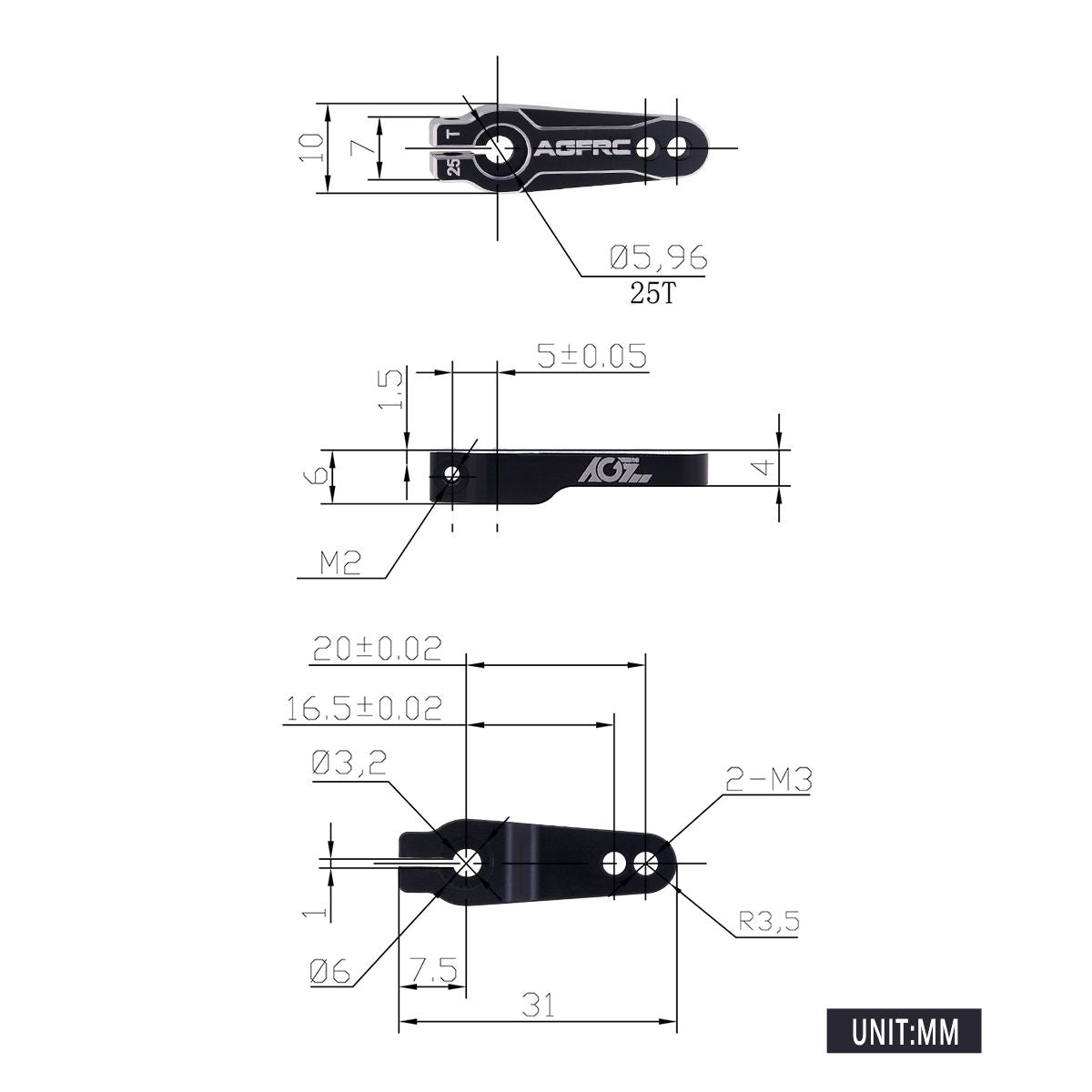 25T Black Aluminum Servo Horn Clamping Type (31mm long - 16.5mm 20mm hole space) [AGFRC] HSS16AG