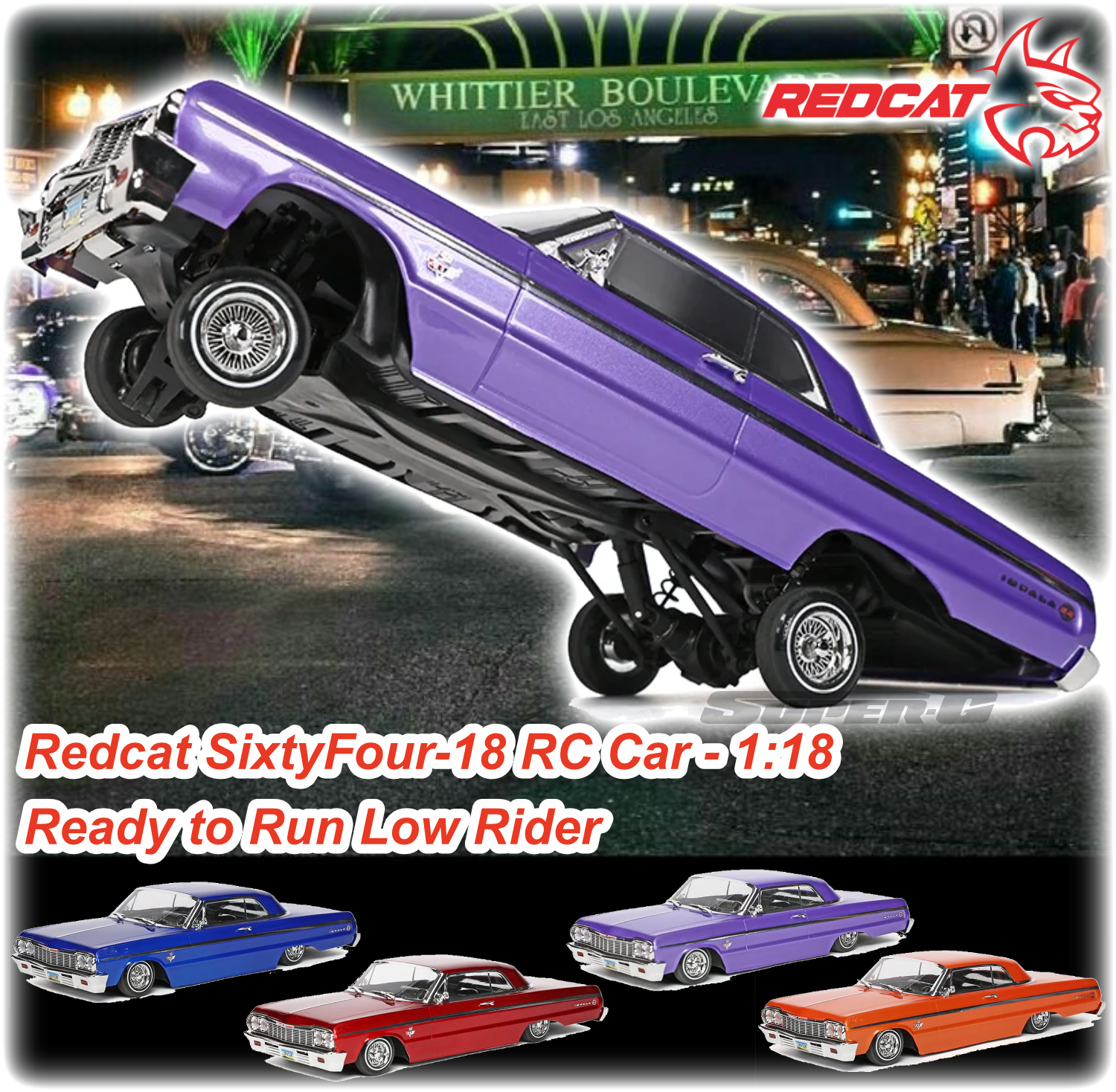 SixtyFour-18 1964 Chevrolet Impala SS 1/18 Hopping Lowrider - RTR Ready to Run - Red Blue Orange Lavender [REDCAT] 44937 44935 44938 44936
