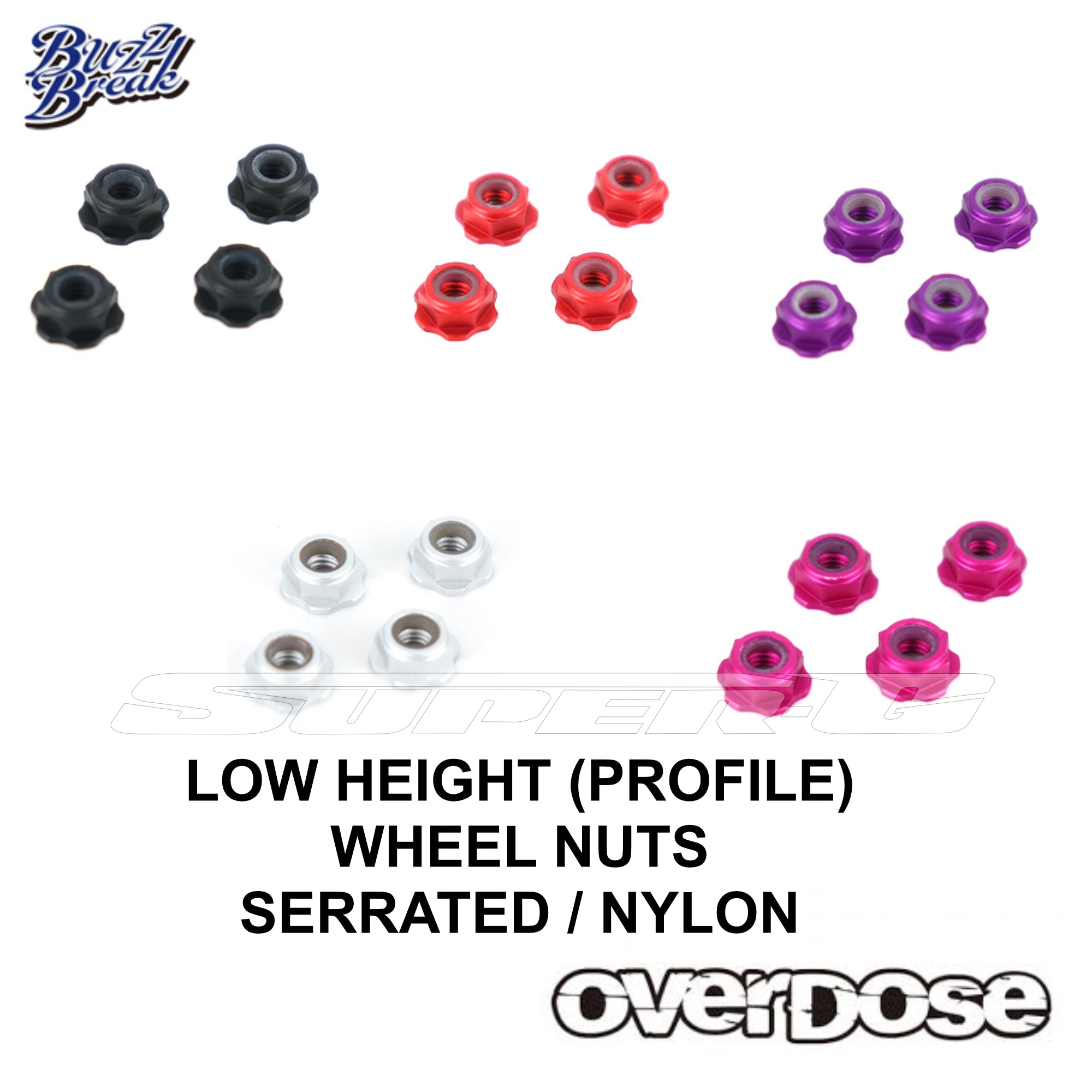 LOW HEIGHT PROFILE BuzzBreak BB LOCK NUT NYLOCK SERRATED (4pcs) Wheel Nuts - Black Red Purple Pink Silver [Overdose]