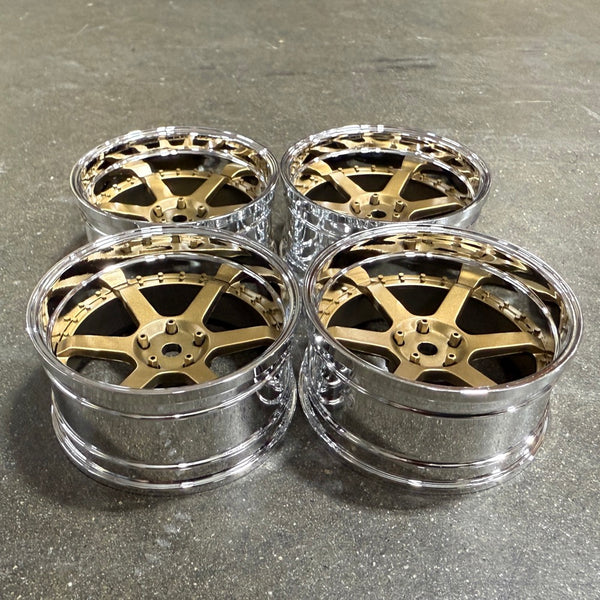 6 Spoke (Gold / Chrome Lip) Adjustable Offset Rims (4-Pack) 1-10 TE37 ...