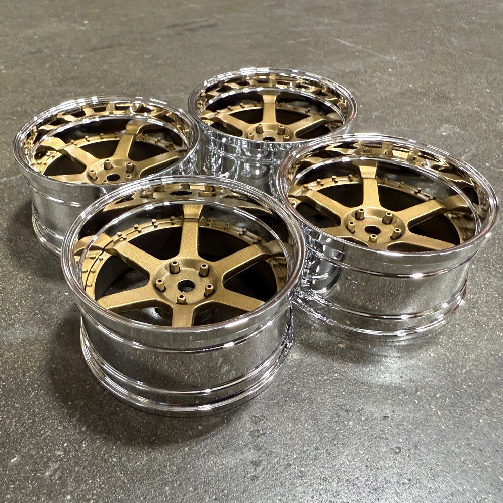 6 Spoke (Gold / Chrome Lip) Adjustable Offset Rims (4-Pack) 1-10 TE37 ...