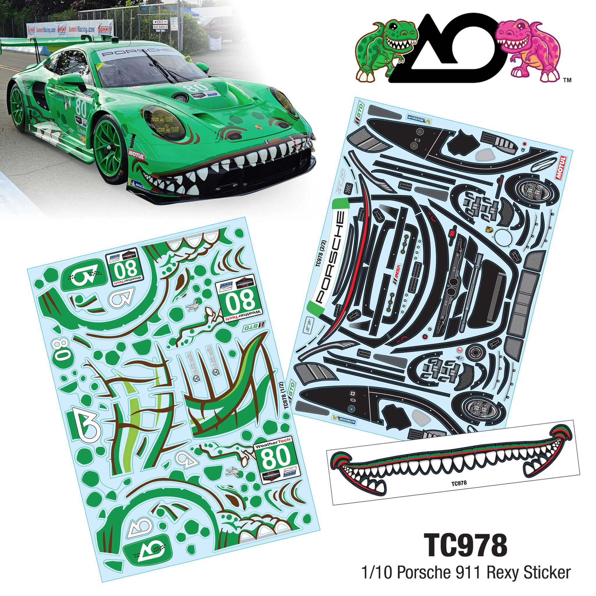 1-10 LIVERY: GREEN REXY DINOSAUR PORSCHE 911 DECAL SHEET STICKERS  [TEAM-C] TC978