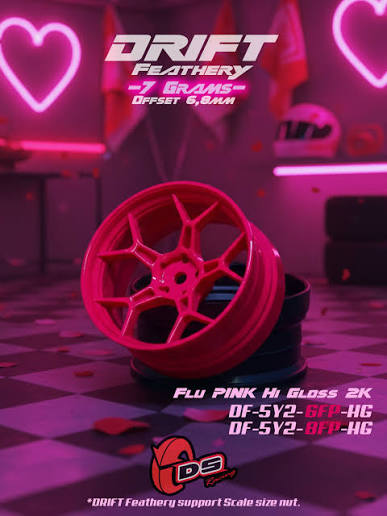 Feathery Split 5Y Wheels 5mm 8mm OFFSET (FLOURESCENT PINK) 1-10 Drift Rims[DS Racing] DF-5Y2-5FP-HG DF-5Y2-8FP-HG