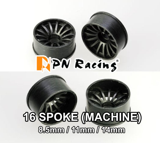 2WD Machine Cut - 16 Spoke Wheels BLACK - RWD Rims for Mini-Z (1-28 ...